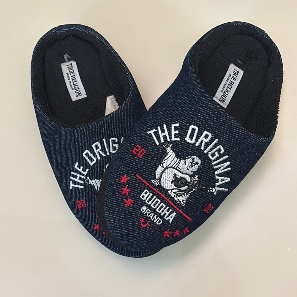 New True Religion Denim BUDDHA Slippers Slip On Slides Men’s Size Small